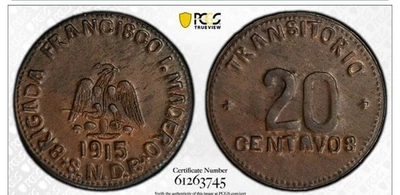1915 PUEBLA MEXICO 20 CENTAVOS PCGS MS62BN, KM-757 ROSETTES - Image 1 of 4