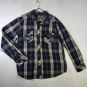 Machine Plaid Western Shirt Mens XXL Blue Brown Embroidered Pockets Long Sleeve - Picture 1 of 7