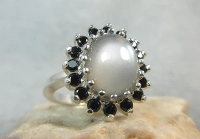 SILVER MOONSTONE - Iridescent Moon w/ Black Spinel acc. 925 Sterling Silver Ring - Image 1 of 4