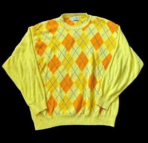Vintage Benneton Sweater Argyle Pullover Yellow Cotton Italy Grandpacore Preppy - Picture 1 of 11