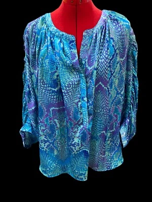 JLO Jennifer Lopez || Turquoise & Purple Snake Print Batwing Tunic Blouse || 1X - Image 1 of 4