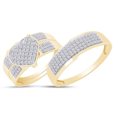 Juego de trío de bodas para él y su diamante simulado enchapado en oro amarillo de 14 k en plata Foto 1 de 4