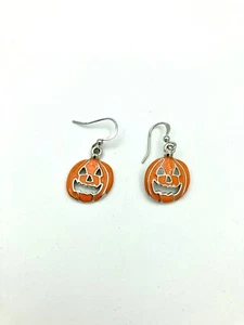 Cute Jack O Lantern Dangle Earrings - Orange Enamel Over Silver Tone Metal - Picture 1 of 5
