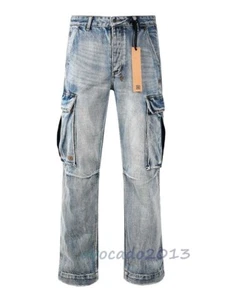 NEU KSUBI Herren Distressed gewaschen blau Retro große Taschen gerade Workwear Jeans - Bild 1 von 11