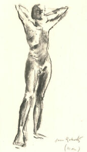 Jean Roberts  - 20th Century Charcoal Drawing, Stretching Male Nude