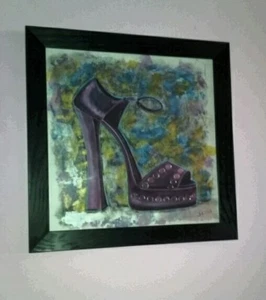 Original High Heel Shoe Gold Silver mixed medium Painting Abstract framed - Picture 1 of 4