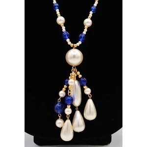 Vintage Beaded Necklace Blue Lucite White Faux Pearl Gold Tassel NOS 1980s BinA5 - Picture 1 of 12