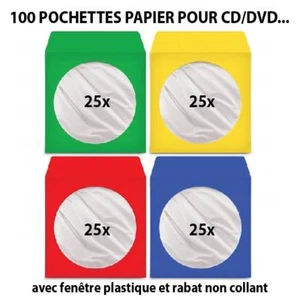 100 POCHETTES PAPIER 4 COULEURS POUR CD/DVD 12CM NON COLLANTE - CD R VINYL - Imagen 1 de 2