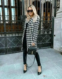 ZARA Tweed Double Breasted Houndstooth Gold Buttons Frayed Coat Jacket - Size XS - Picture 1 of 8