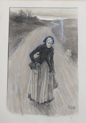 Henri LANOS (1859-1929) DESSIN VIEILLE FEMME ROUTE REALMISME PRE EXPRESSIONNISME - Photo 1/4