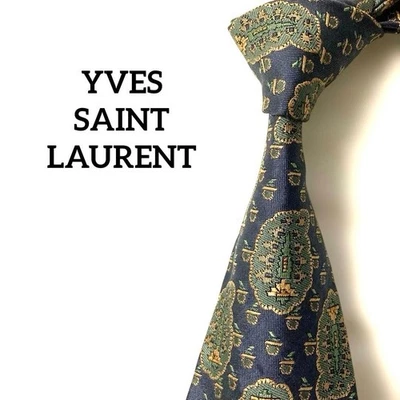 Gravata de seda Yves Saint Laurent padrão de frutas ponto marinho 9cm de largura usada - Imagem 1 de 4