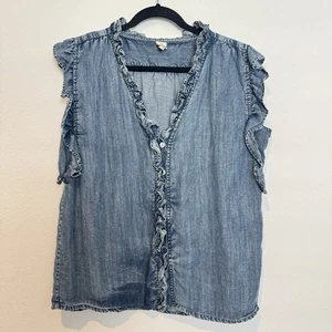 Ivy Jane Chambray Ruffled Sleeveless V Neck Button Down Top Size L - Picture 1 of 8