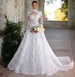 A-line Lace Wedding Dress Elegant Long Sleeve Appliques Bridal Bride Growns - Picture 1 of 6
