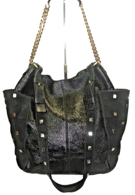 Bolso de Hombro Jimmy Choo Anna Negro Arrugado Charol Tachonado Gamuza Hobo Usado en Excelente Condición Foto 1 de 4