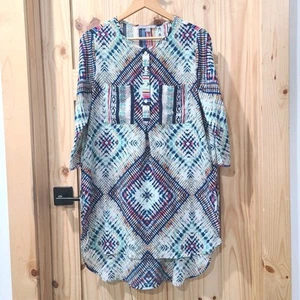 Valerie Stevens Krepp Etuikleid Tunika Kleid blau bunt Azteken Southwestern Gr. XL - Bild 1 von 11