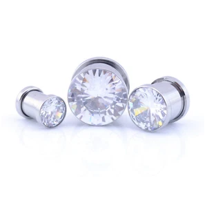  Ear Plug CZ Crystal Gem Metal Flesh Tunnel SCREW ON 6mm - 16mm - Picture 1 of 10