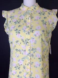 Elle Womens Top Size Large Yellow Floral Flutter Sleeve Button Up - Picture 1 of 12