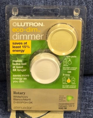 LUTRON Rotary Push Knob Dimmer Switch - Single Pole - White/Ivory - D-600PH-DK - Image 1 of 2