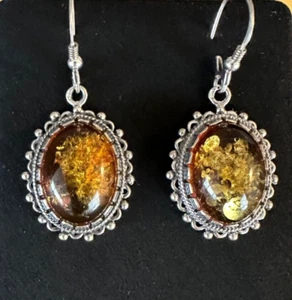 Ohrringe Bernstein Sterling Silber 925 Ohrhänger Vintage Boho filigran Insekt oval - Bild 1 von 16