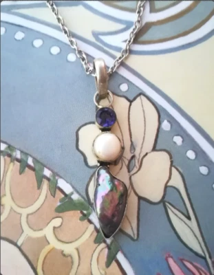 COLLANA ARGENTO 925 CON CIONDOLO AMETISTA NATURALE E PERLA BIWA, PENDENTE DESIGN - Immagine 1 di 4