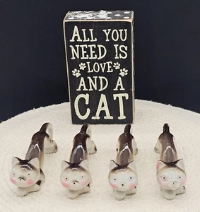 Estatuilla de gato vintage Japón rosa mejillas MCM porcelana agachada estiramiento 1570 - Imagen 1 de 7