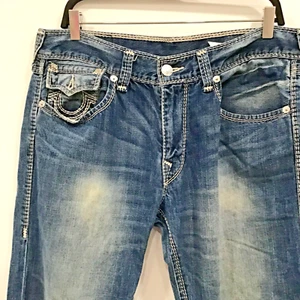 True Religion Mens jeans size 36 Straight w Flap Single Mega T Medium Wash BZOM - Picture 1 of 13