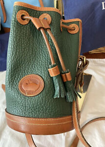 Dooney Bourke Green Vintage Drawstring Bucket Bag All Weather Leather AWL Rare!