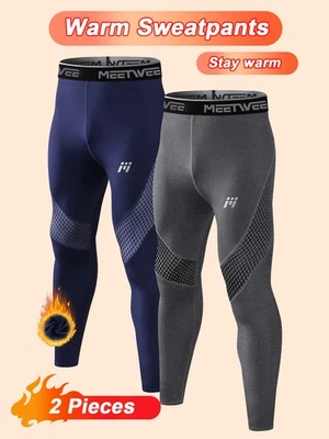Paquete de 2 pantalones de compresión térmica para hombre forrados de lana calzas deportivas con capa base Foto 1 de 4