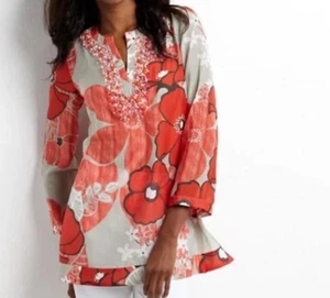 Lafayette 148 New York Beaded Orange & Gray Floral Tunic Blouse Sz. 10 - Imagen 1 de 8