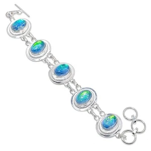 Triplet Opal Gemstone Handmade 925 Sterling Silver Bracelet Size 7-8" - Picture 1 of 1