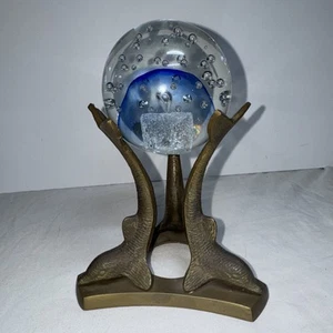 Vintage Brass Stand 3 Dolphins Glass Orb Bubble Paperweight Library - Picture 1 of 10