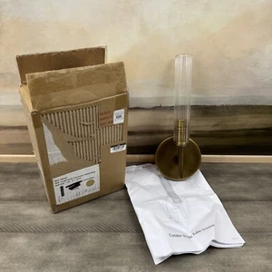 Pottery Barn Cooper Ribbed Glass Tube Sconce Single Tumbled Brass W/Hardware NIB - Picture 1 of 10