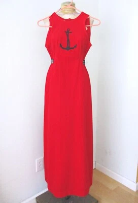 Vtg 60s 70s Mod Red Velour Navy Blue Anchor Festival Maxi Backless Tank Dress 7 - Image 1 of 4