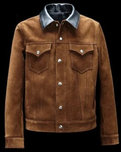 Men's Genuine Suede Leather Brown Trucker Jacket Western Style Buttoned Coat - Picture 1 of 4