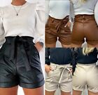 Women's Ladies PU Faux Leather High Waist Tie Up Belted Pockets Paper Bag Shorts