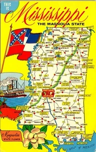 Tarjeta postal de puntos de interés mapa estatal de colección tarjeta sur profundo Mississippi MS - Imagen 1 de 3