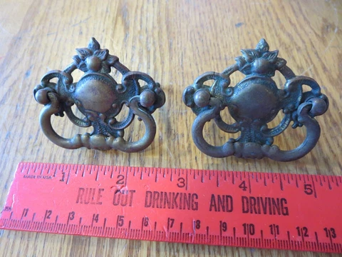 2 Antique Brass Drawer Pull Rings Victorian Dresser Handle Ornate backplate Cover