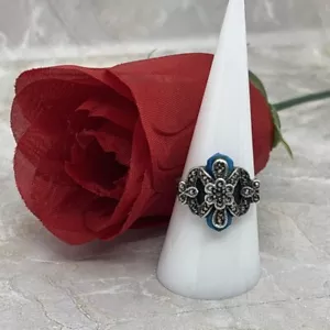 Unique Sterling Silver Turquoise & Floral Marcasite Ring 8.5, 5.3g (NR-N)JWL406 - Picture 1 of 7
