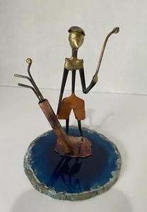 Vintage Handmade Metal Copper Golf Art Figure on Agate 1994 Custom Art 4.5” - Picture 1 of 6