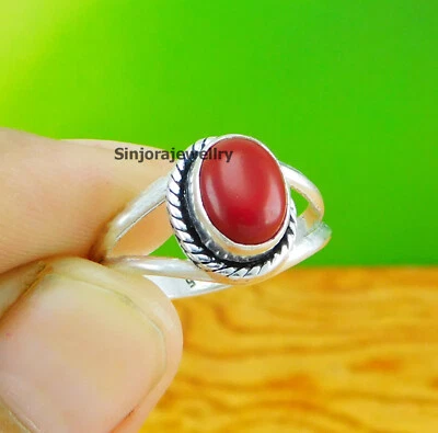 Anillo de piedras preciosas de coral rojo plata de ley 925 hecho a mano regalo EE. UU. talla 5 a 10 Foto 1 de 4