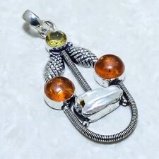 Biwa Pearl, Amber Gemstone Handmade Ethnic Silver Jewelry Pendant 2.8" PLG11657