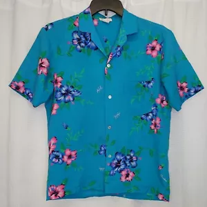 Vintage Hawaiian Shirt Men's Size Medium Hibiscus Turquoise Button Up - Picture 1 of 12