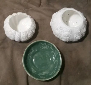 2 Sea Urchin Candle Holders + Small Artisian Bowl.  Nautical Coastal Decor - Picture 1 of 6