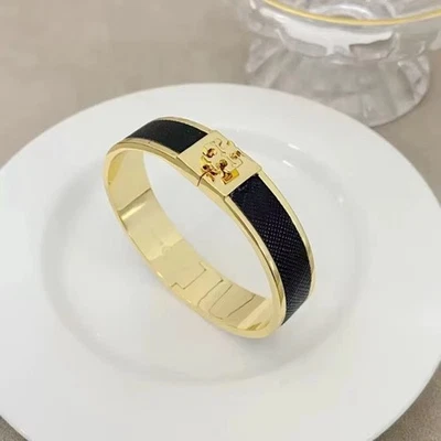 NOVO Tory Burch Kira Bracelete de Bronze Banhado a Ouro Amarelo 18K Logotipo em Preto🖤 - Imagem 1 de 2