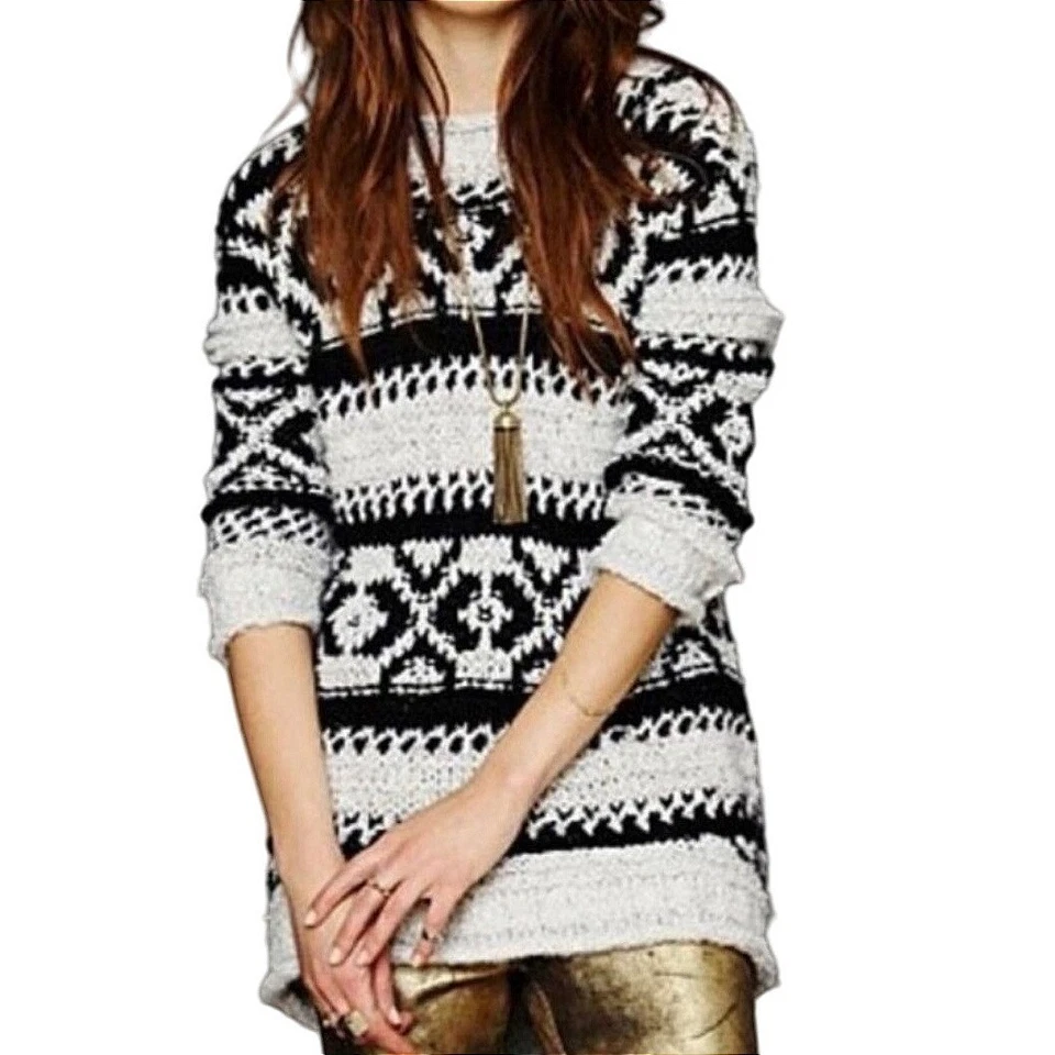 Suéter Free People Silver Fair Isle Negro Blanco Suelto Tejido Lana Invierno Boho Foto 1 de 4