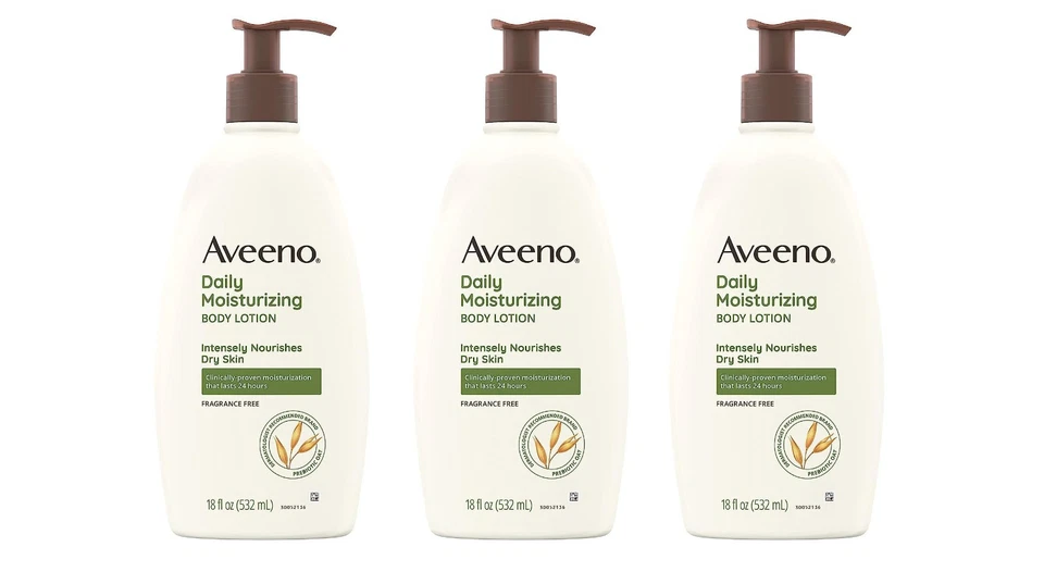 3 件装 Aveeno 日常保湿身体乳液舒缓燕麦和丰富润肤剂 18 盎司 — 第 1/4 张图片