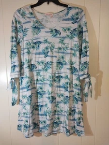 Fresh Produce 3/4 Sleeve Dress Leaf Design White Blue Green Size L 100% Cotton - Picture 1 of 11