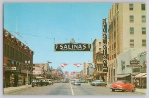 Salinas Kalifornien Straßenansicht Rodeo Schild Bank Apotheke um 1950 Vintage Postkarte - Bild 1 von 2