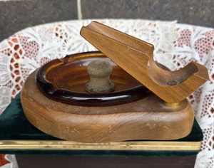 Vintage Mid Century Holz Pfeifenständer und Humidor mit einem Glasaschenbecher - Bild 1 von 11