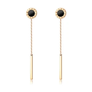 18K Rose Gold Roman Numeral Drop Ear Studs Women's Black Enamel Long Earrings - Picture 1 of 5